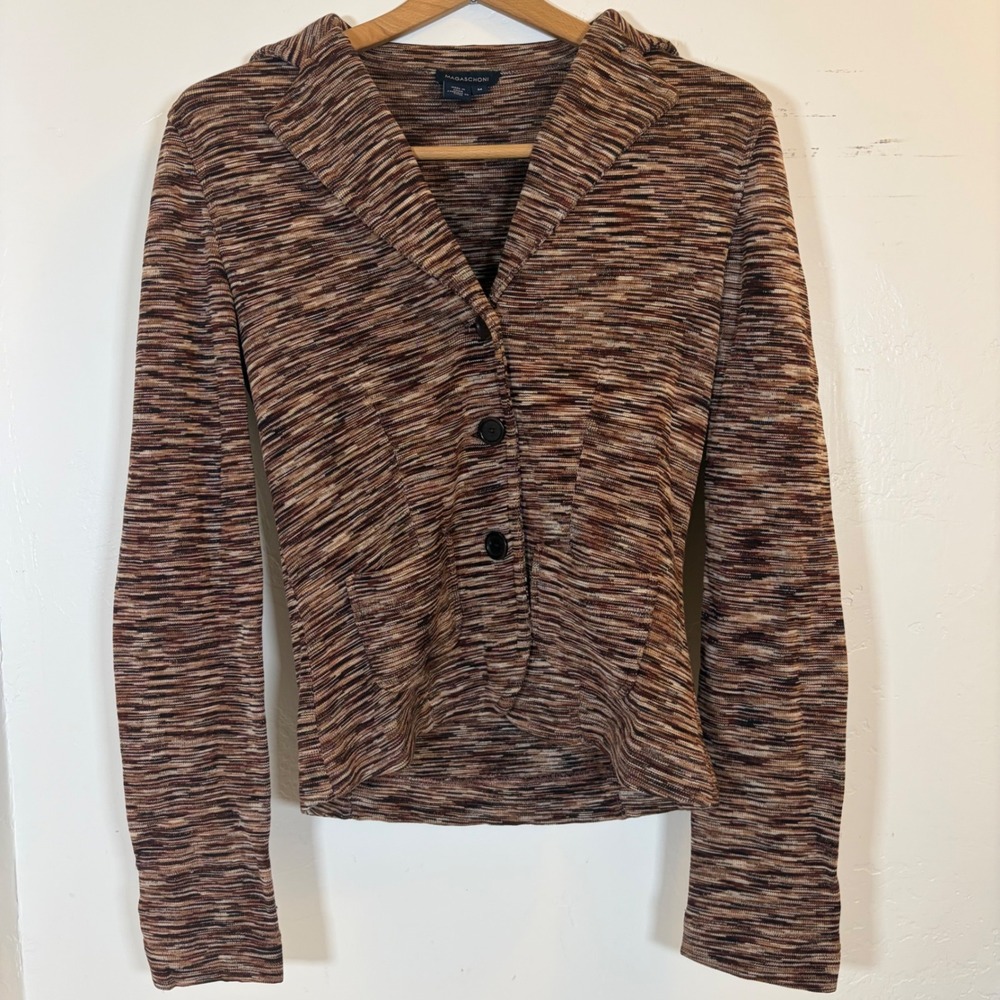 Magaschoni 100% Silk Knit Blazer Brown Space Dye Button Front Jacket Womens Med - Picture 2 of 6